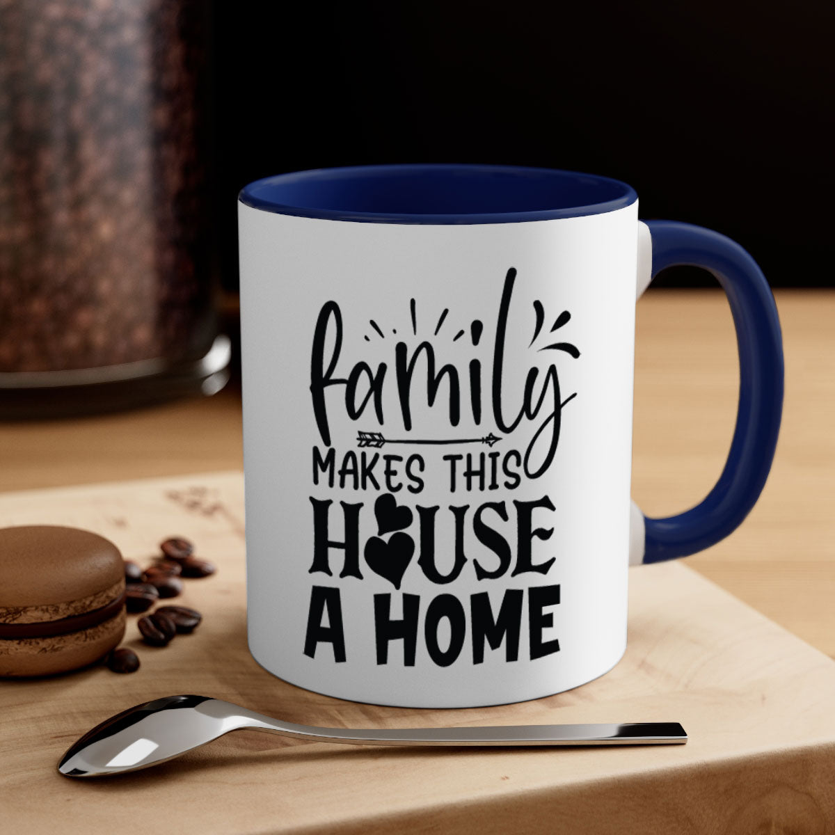 A stylish two-tone Family Makes This House a Home Mug with a glossy finish, featuring a colored handle and interior, available in five colors.