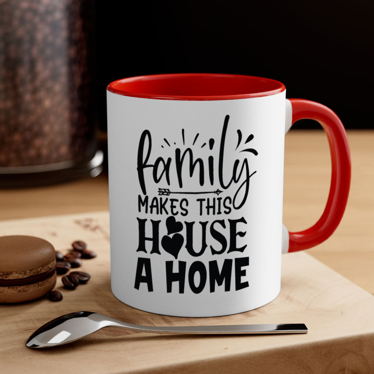 A stylish two-tone Family Makes This House a Home Mug with a glossy finish, featuring a colored handle and interior, available in five colors.