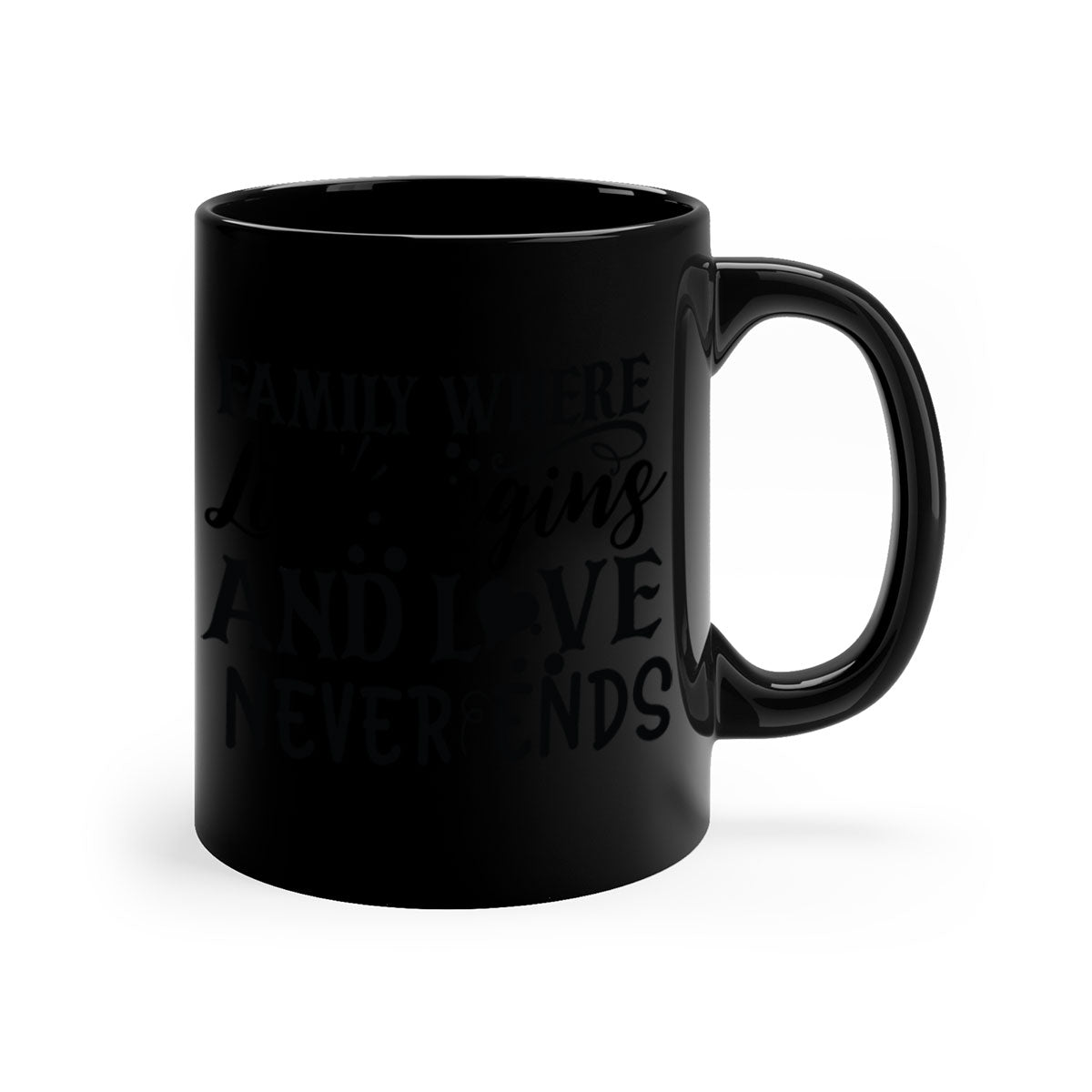 Two-tone Family Mug with colored handle and glossy finish, featuring the phrase 'where life begins and love never ends'.