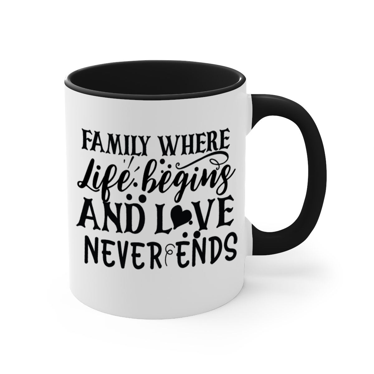 Two-tone Family Mug with colored handle and glossy finish, featuring the phrase 'where life begins and love never ends'.