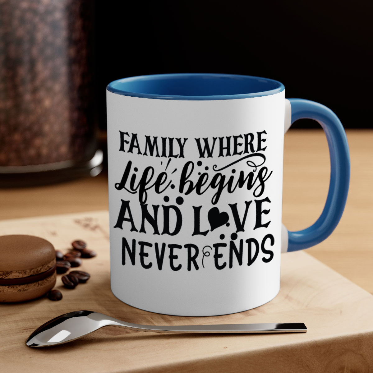 Two-tone Family Mug with colored handle and glossy finish, featuring the phrase 'where life begins and love never ends'.