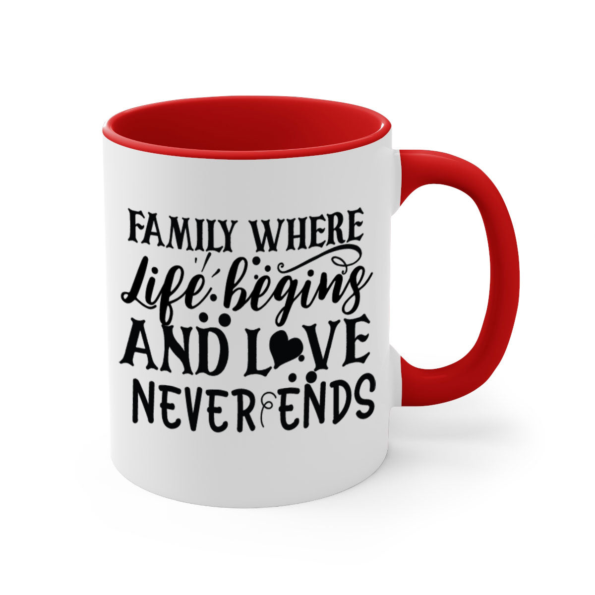 Two-tone Family Mug with colored handle and glossy finish, featuring the phrase 'where life begins and love never ends'.