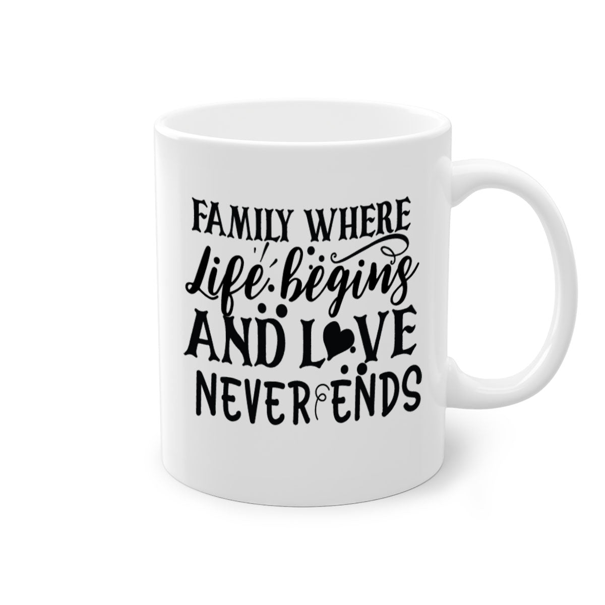 Two-tone Family Mug with colored handle and glossy finish, featuring the phrase 'where life begins and love never ends'.