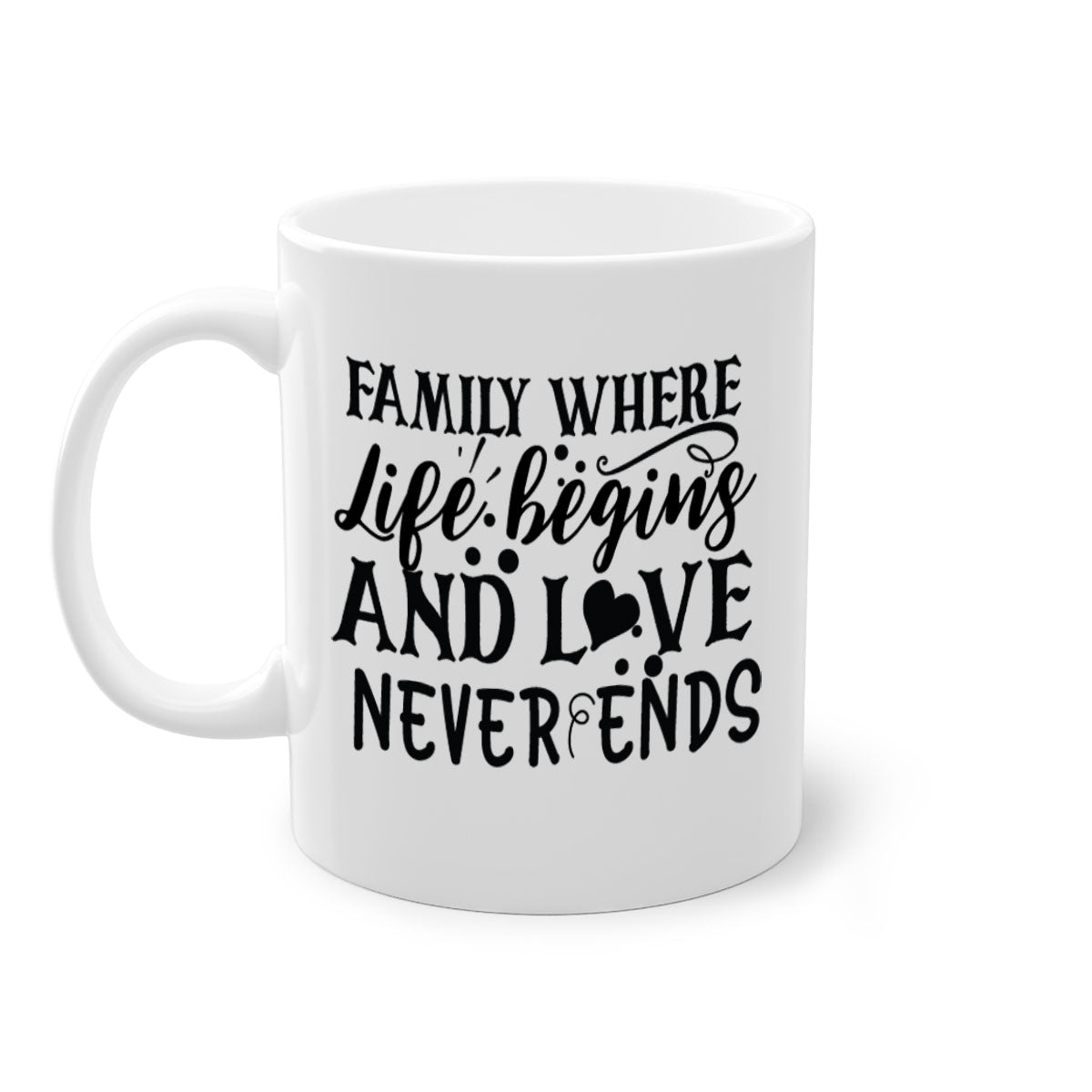 Two-tone Family Mug with colored handle and glossy finish, featuring the phrase 'where life begins and love never ends'.