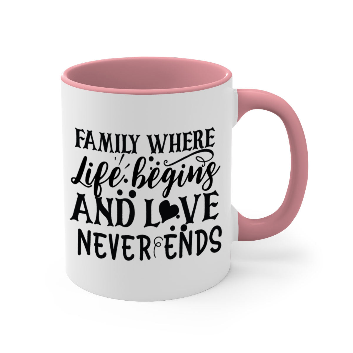 Two-tone Family Mug with colored handle and glossy finish, featuring the phrase 'where life begins and love never ends'.