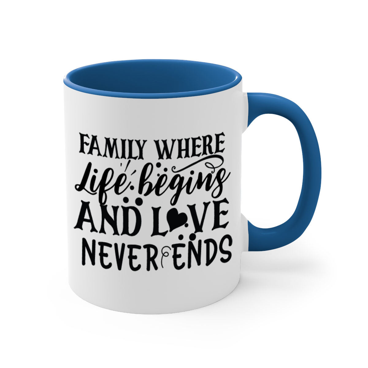 Two-tone Family Mug with colored handle and glossy finish, featuring the phrase 'where life begins and love never ends'.