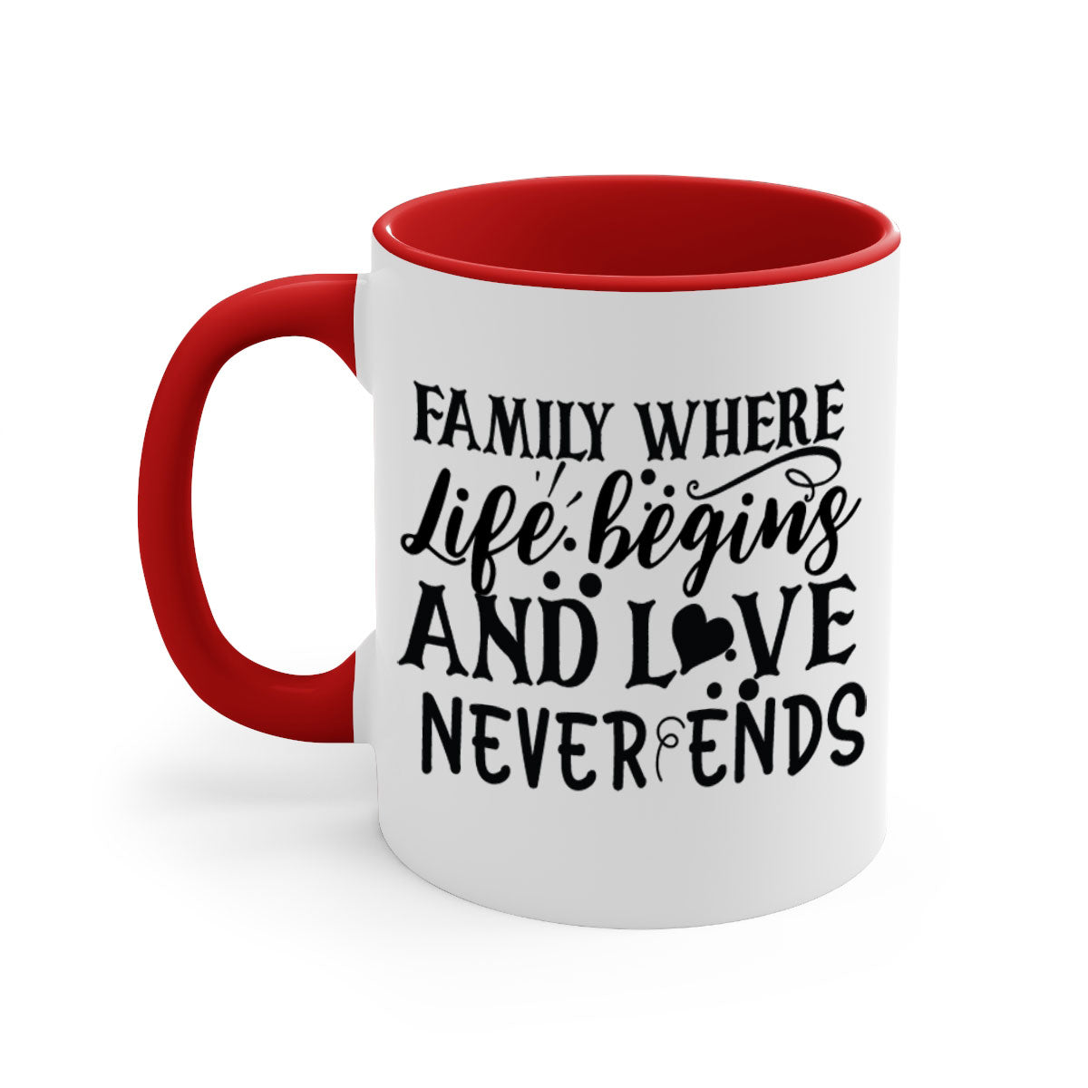 Two-tone Family Mug with colored handle and glossy finish, featuring the phrase 'where life begins and love never ends'.
