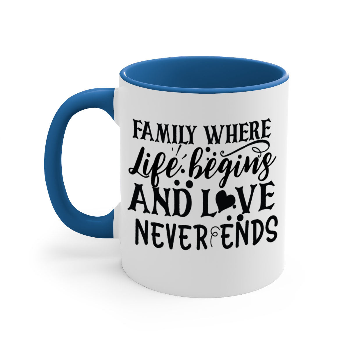 Two-tone Family Mug with colored handle and glossy finish, featuring the phrase 'where life begins and love never ends'.