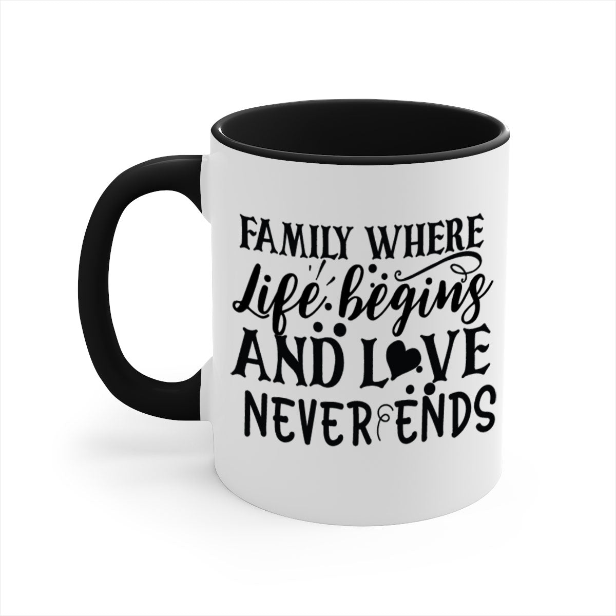 Two-tone Family Mug with colored handle and glossy finish, featuring the phrase 'where life begins and love never ends'.