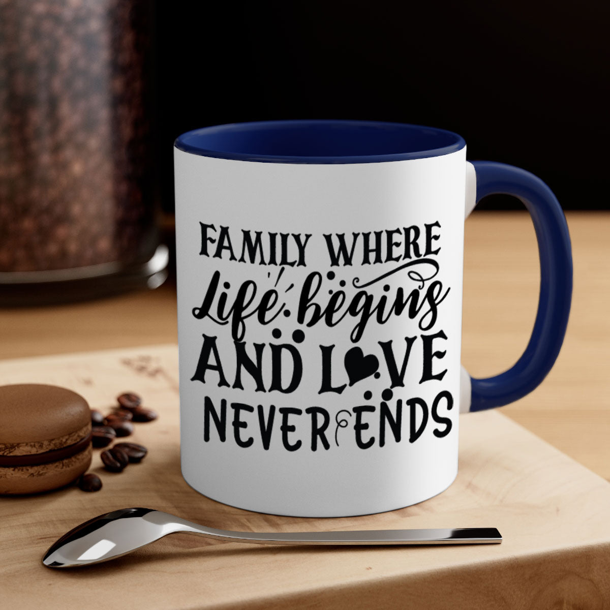 Two-tone Family Mug with colored handle and glossy finish, featuring the phrase 'where life begins and love never ends'.