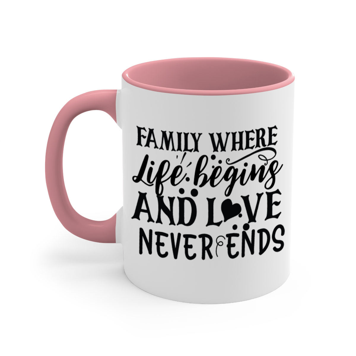 Two-tone Family Mug with colored handle and glossy finish, featuring the phrase 'where life begins and love never ends'.