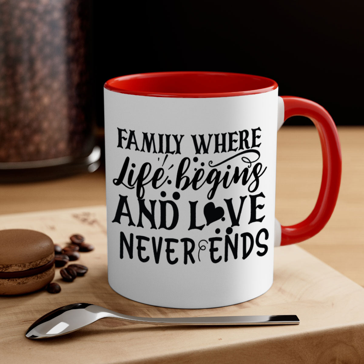 Two-tone Family Mug with colored handle and glossy finish, featuring the phrase 'where life begins and love never ends'.