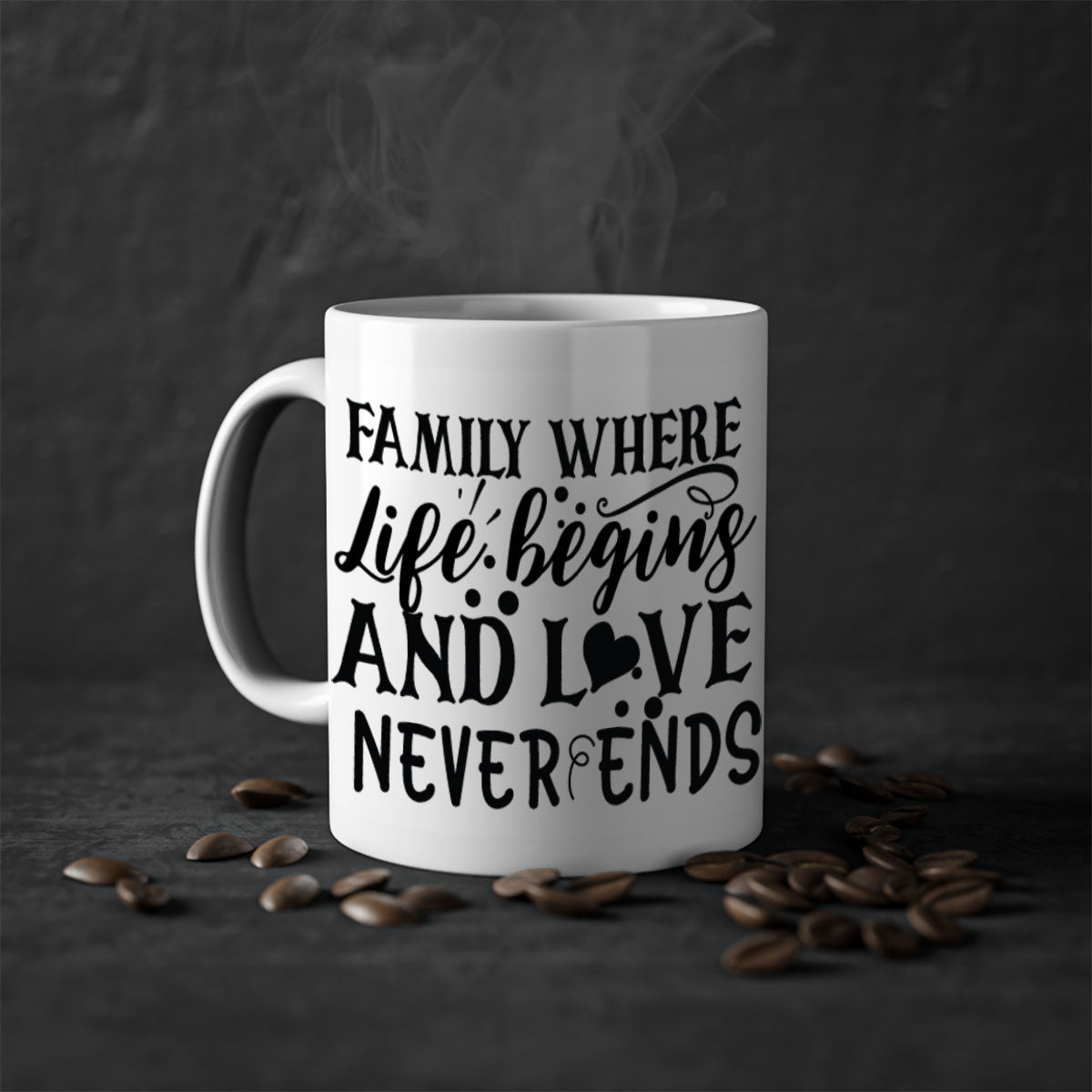 Two-tone Family Mug with colored handle and glossy finish, featuring the phrase 'where life begins and love never ends'.
