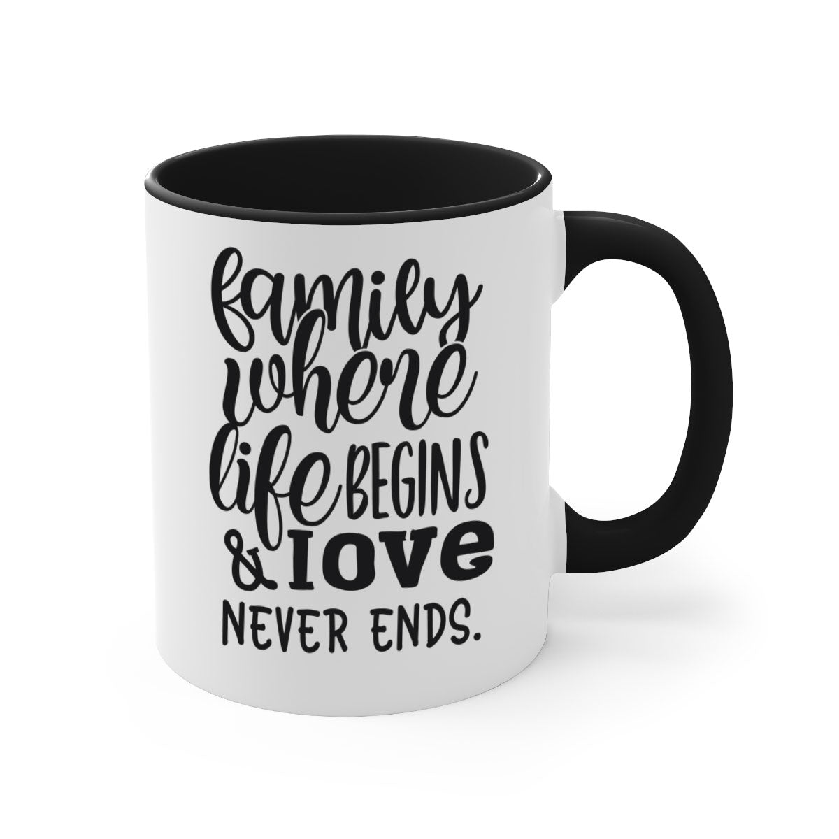 Two-tone Family Mug with 'Family where life begins love never ends' design, featuring a colored handle and glossy finish.