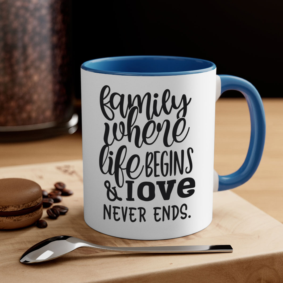 Two-tone Family Mug with 'Family where life begins love never ends' design, featuring a colored handle and glossy finish.