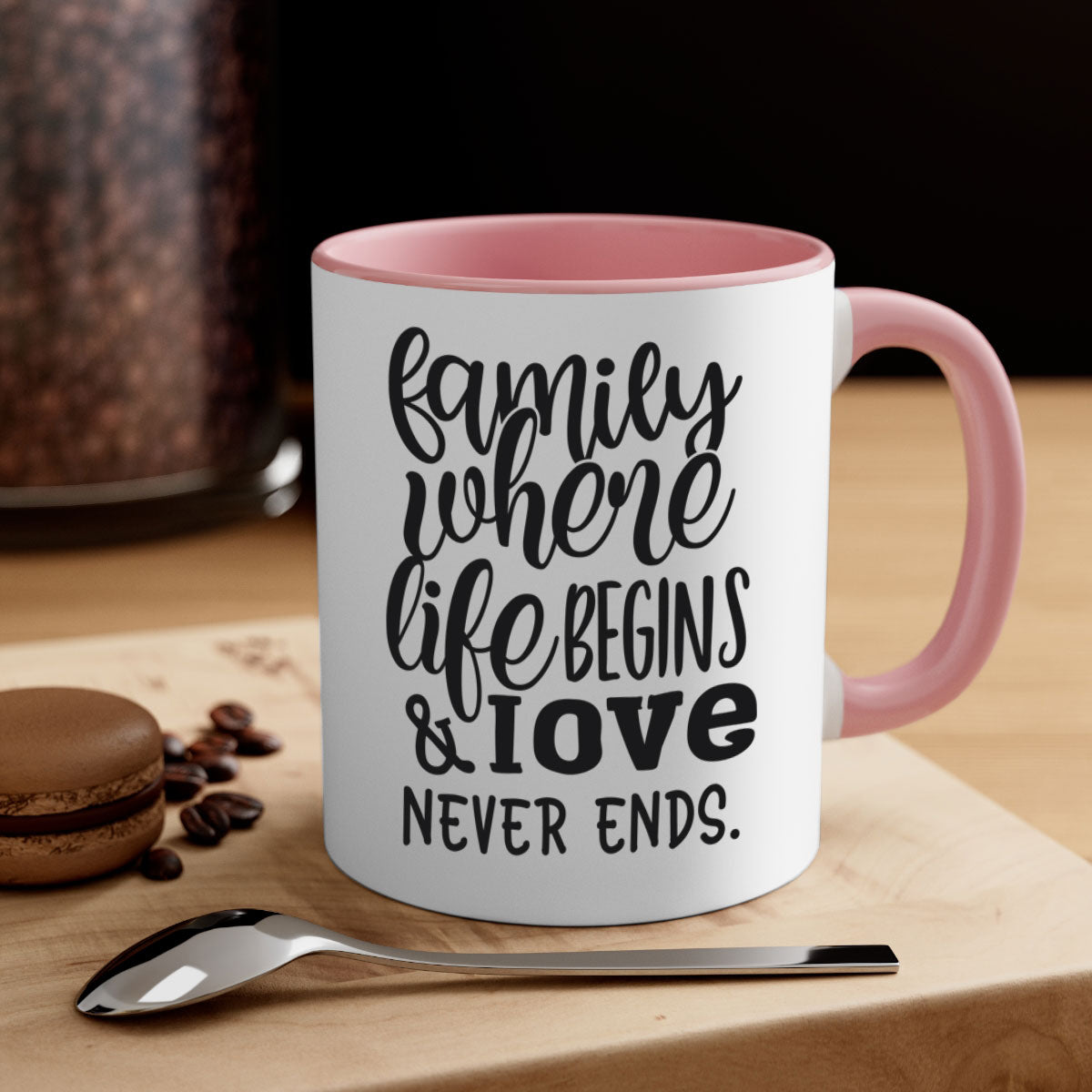 Two-tone Family Mug with 'Family where life begins love never ends' design, featuring a colored handle and glossy finish.