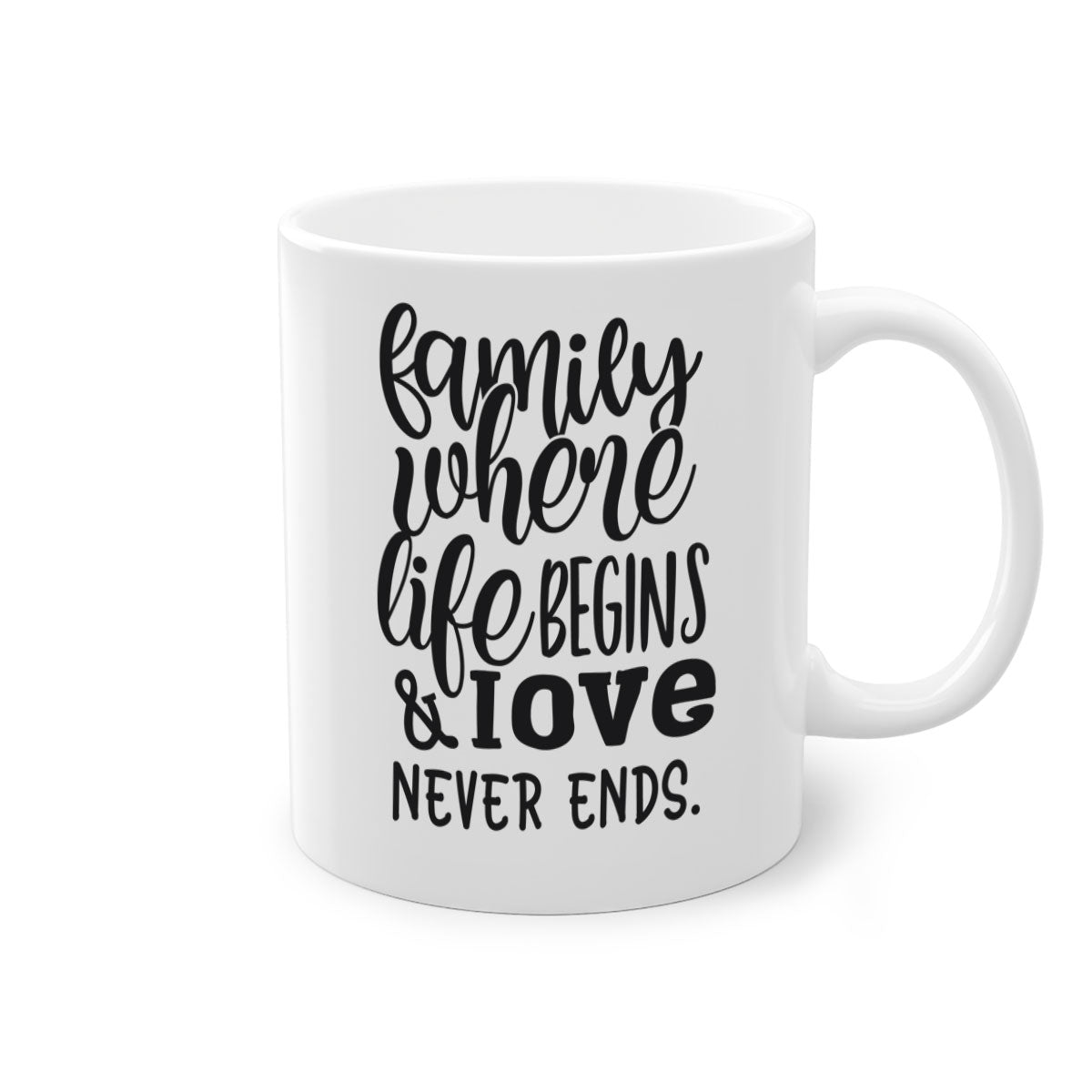 Two-tone Family Mug with 'Family where life begins love never ends' design, featuring a colored handle and glossy finish.
