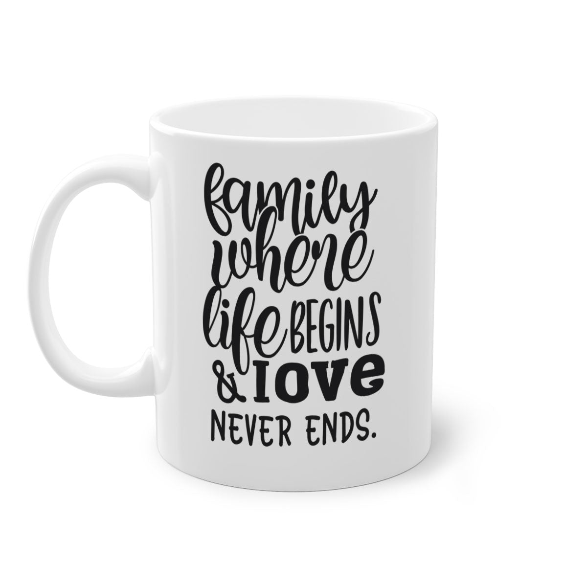 Two-tone Family Mug with 'Family where life begins love never ends' design, featuring a colored handle and glossy finish.