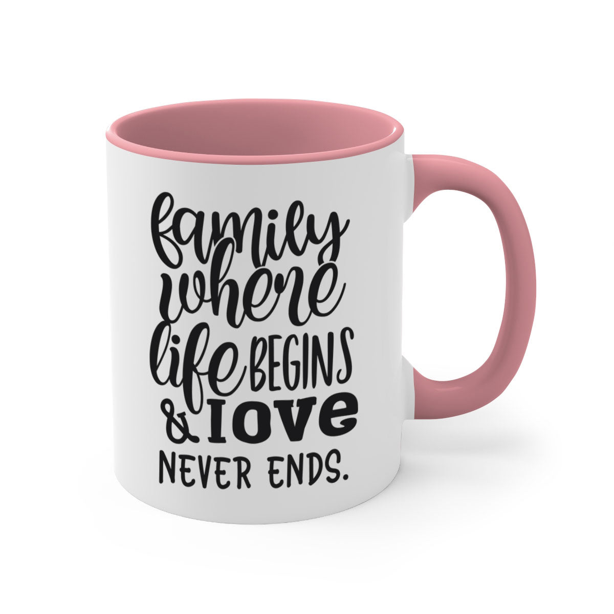 Two-tone Family Mug with 'Family where life begins love never ends' design, featuring a colored handle and glossy finish.