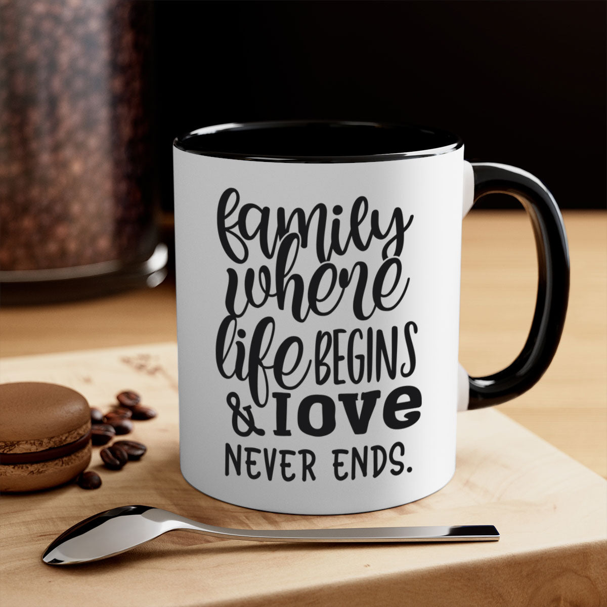 Two-tone Family Mug with 'Family where life begins love never ends' design, featuring a colored handle and glossy finish.