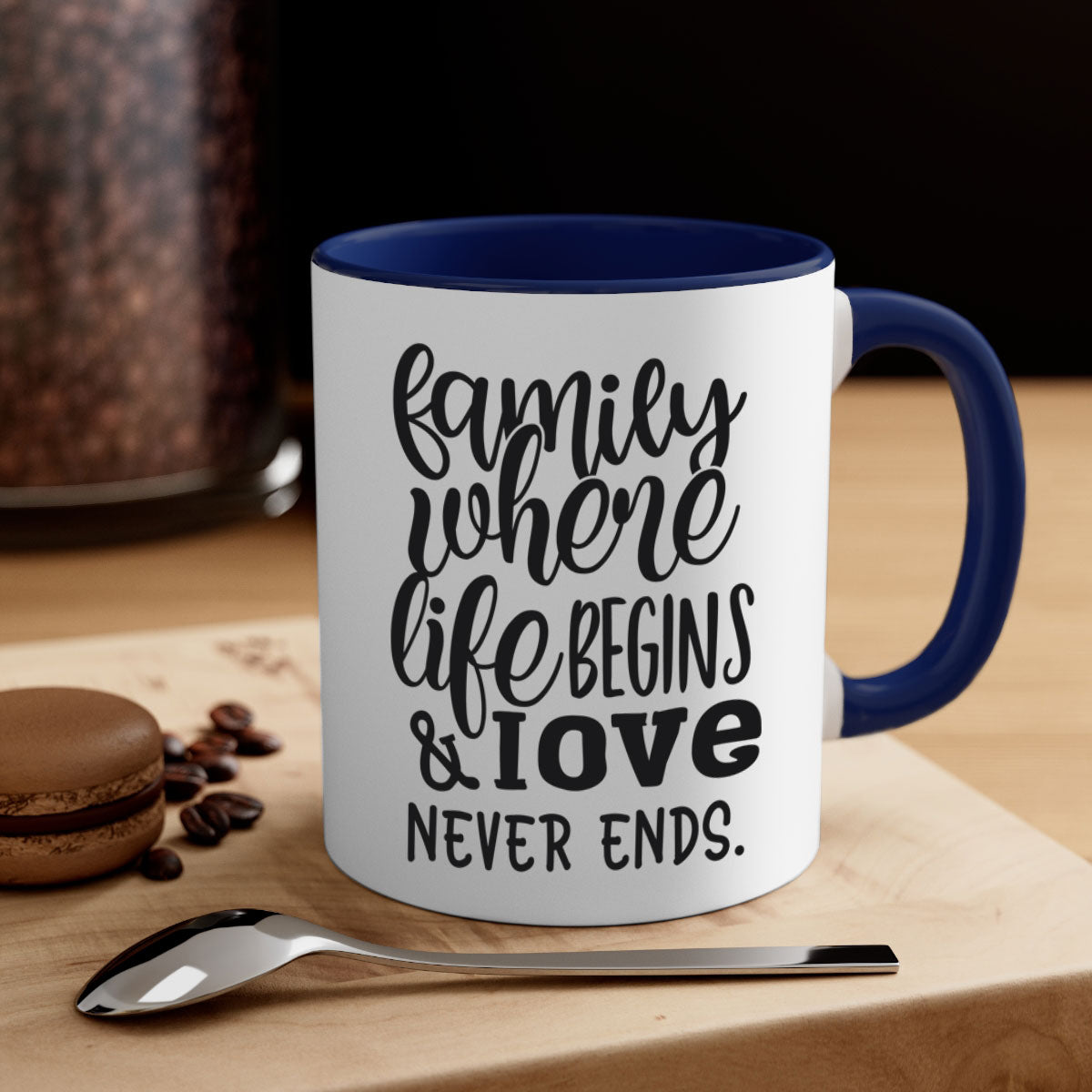 Two-tone Family Mug with 'Family where life begins love never ends' design, featuring a colored handle and glossy finish.