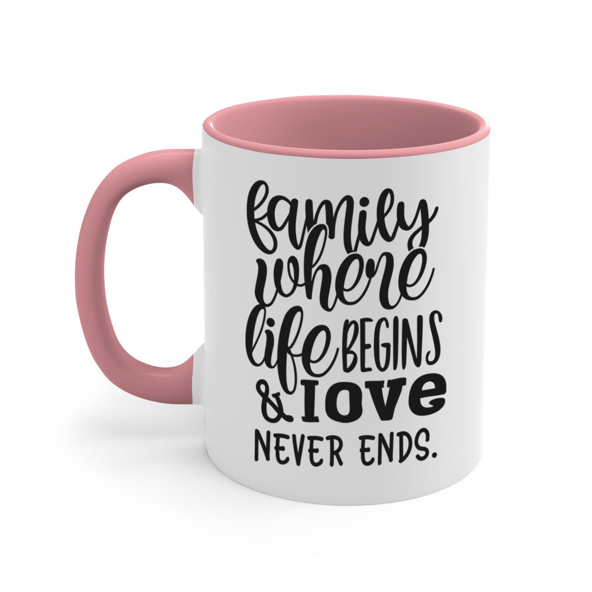 Two-tone Family Mug with 'Family where life begins love never ends' design, featuring a colored handle and glossy finish.