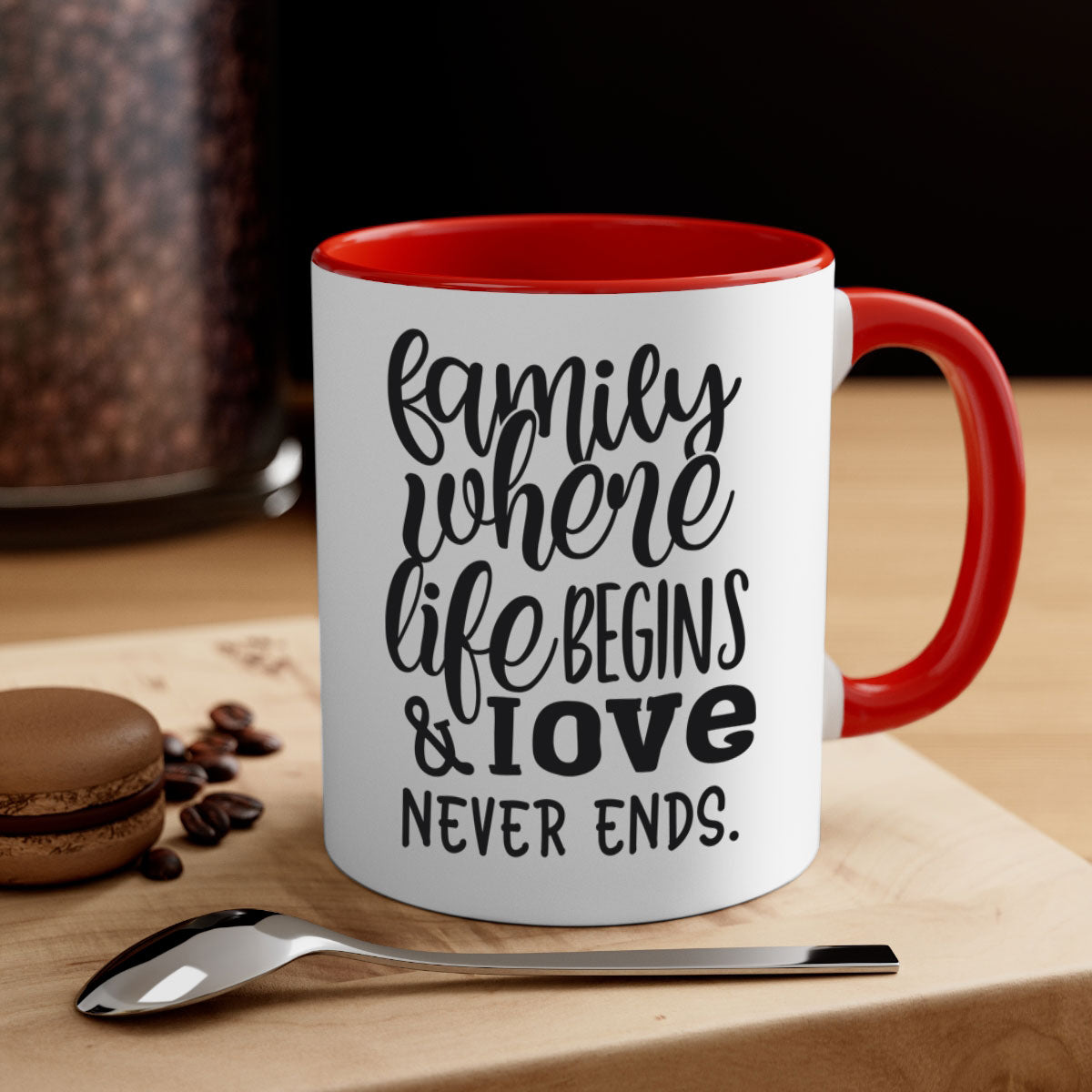Two-tone Family Mug with 'Family where life begins love never ends' design, featuring a colored handle and glossy finish.