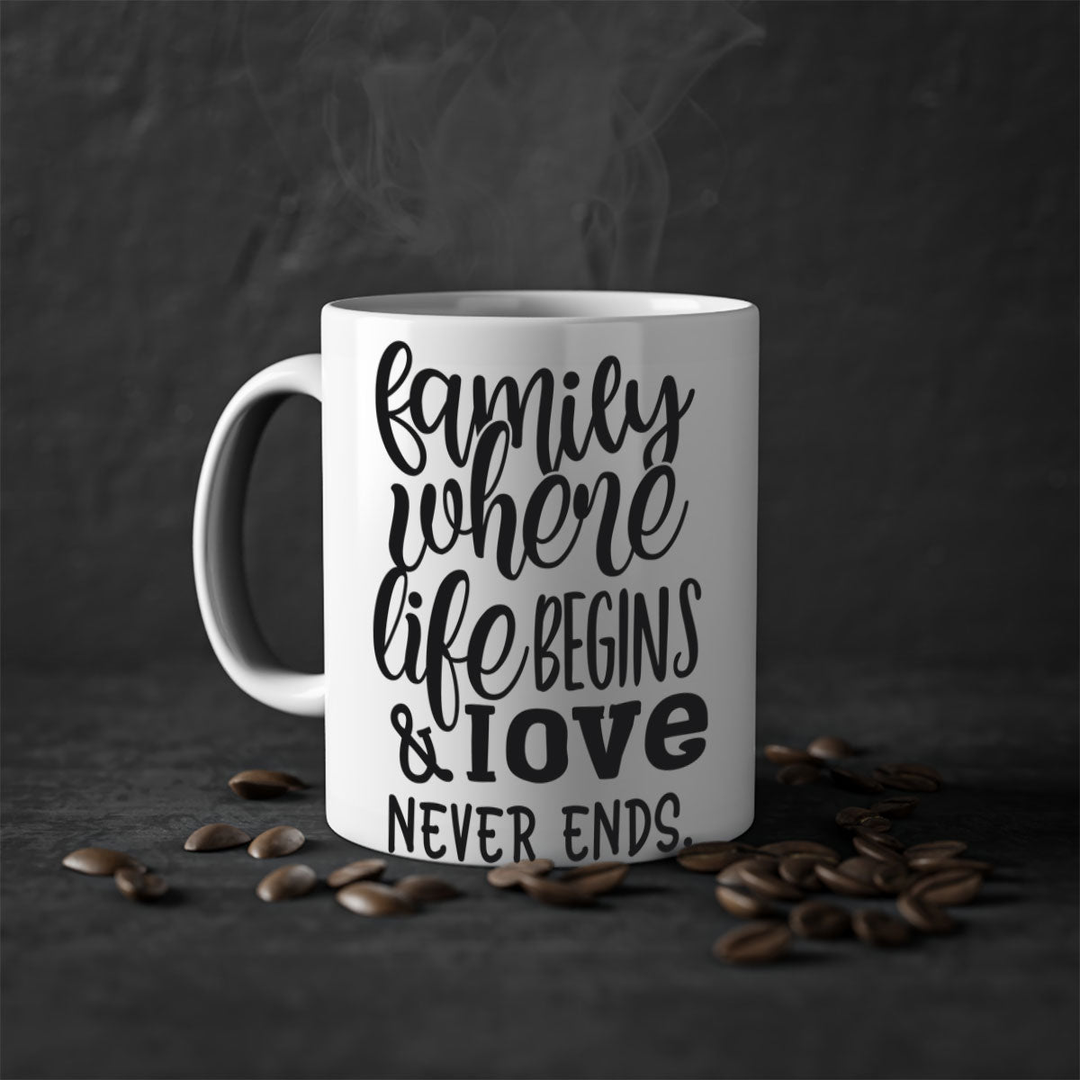 Two-tone Family Mug with 'Family where life begins love never ends' design, featuring a colored handle and glossy finish.
