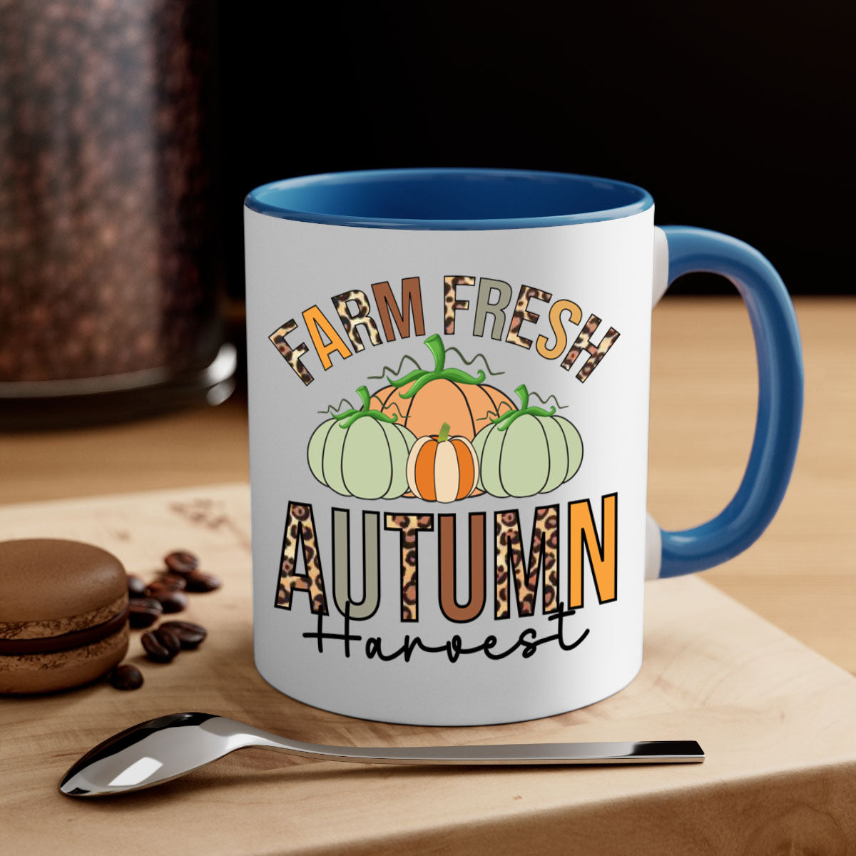 Farm Fresh Autumn Harvest Mug with two-tone design, featuring a colored handle and glossy finish, available in multiple colors.