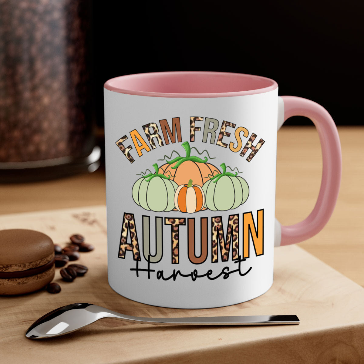 Farm Fresh Autumn Harvest Mug with two-tone design, featuring a colored handle and glossy finish, available in multiple colors.