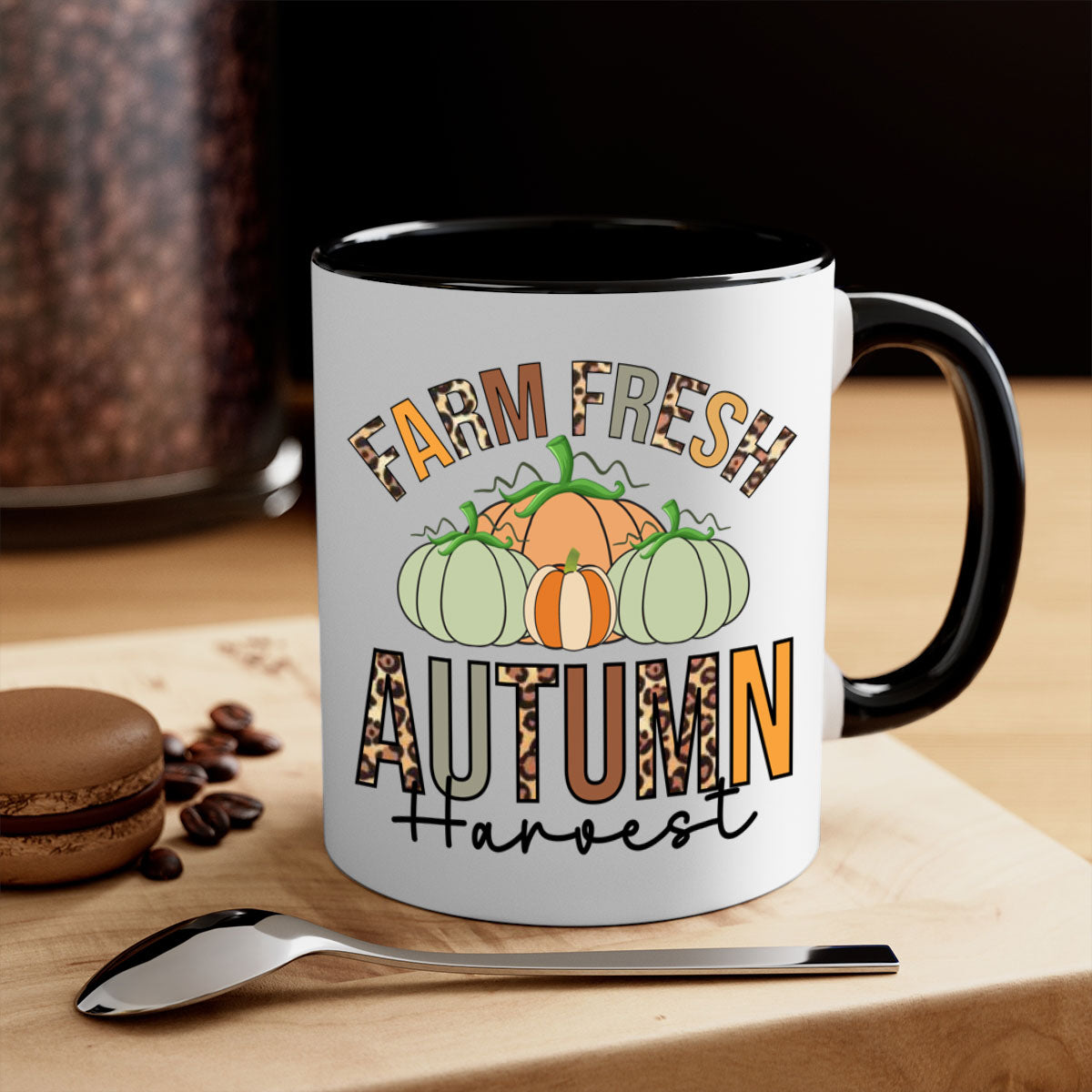 Farm Fresh Autumn Harvest Mug with two-tone design, featuring a colored handle and glossy finish, available in multiple colors.