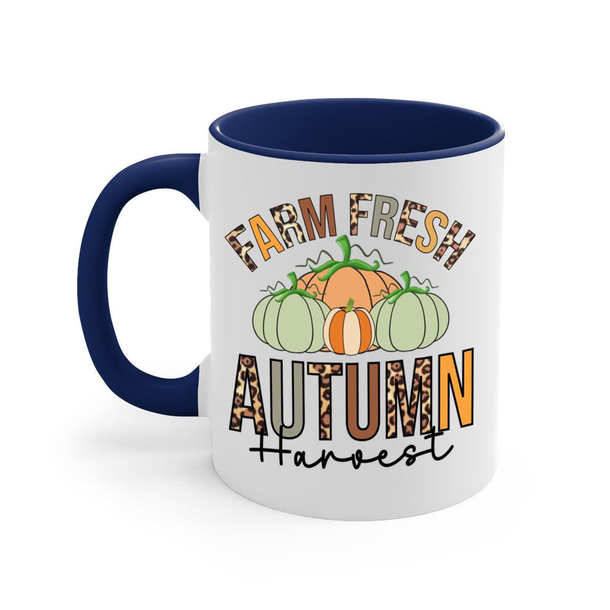 Farm Fresh Autumn Harvest Mug with two-tone design, featuring a colored handle and glossy finish, available in multiple colors.