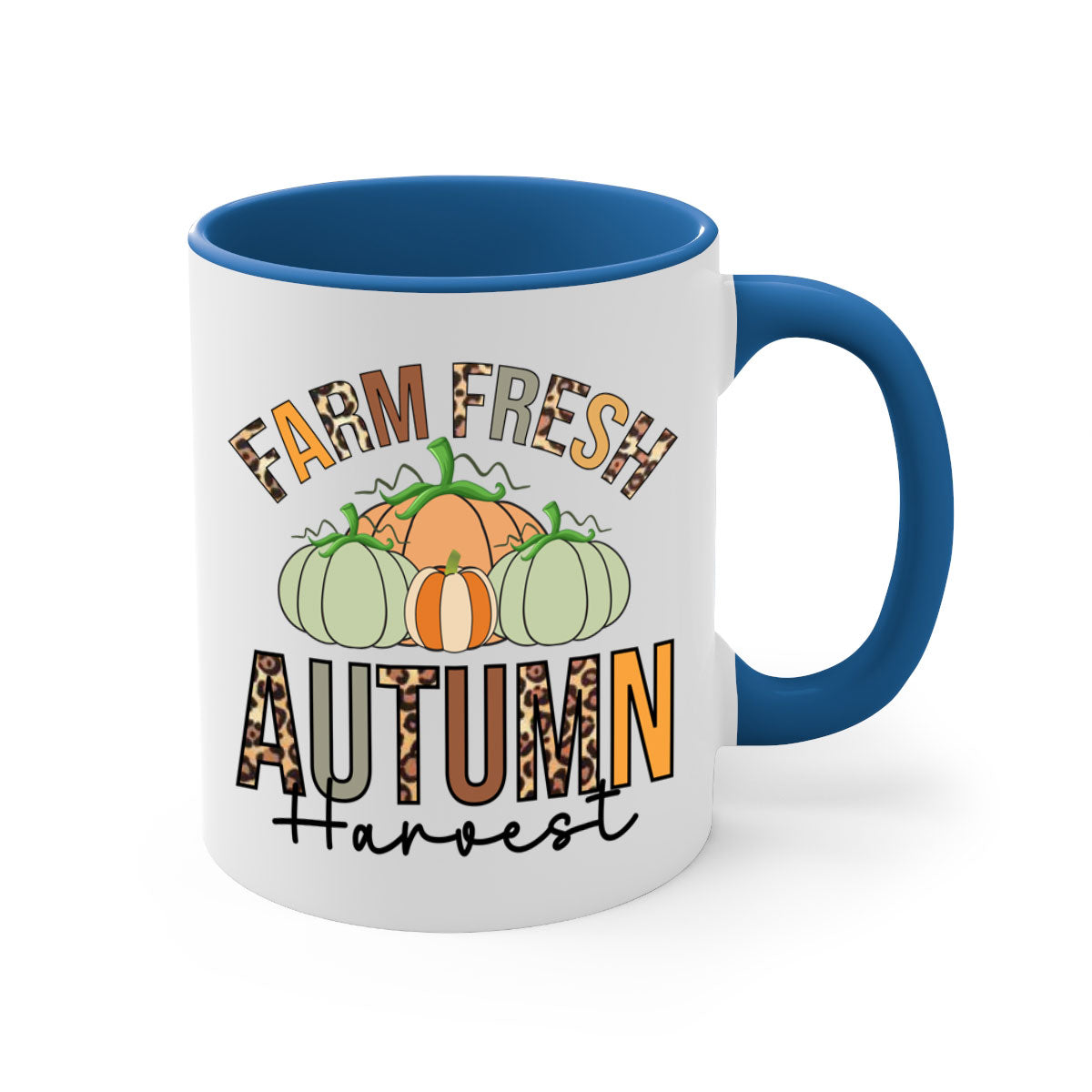 Farm Fresh Autumn Harvest Mug with two-tone design, featuring a colored handle and glossy finish, available in multiple colors.