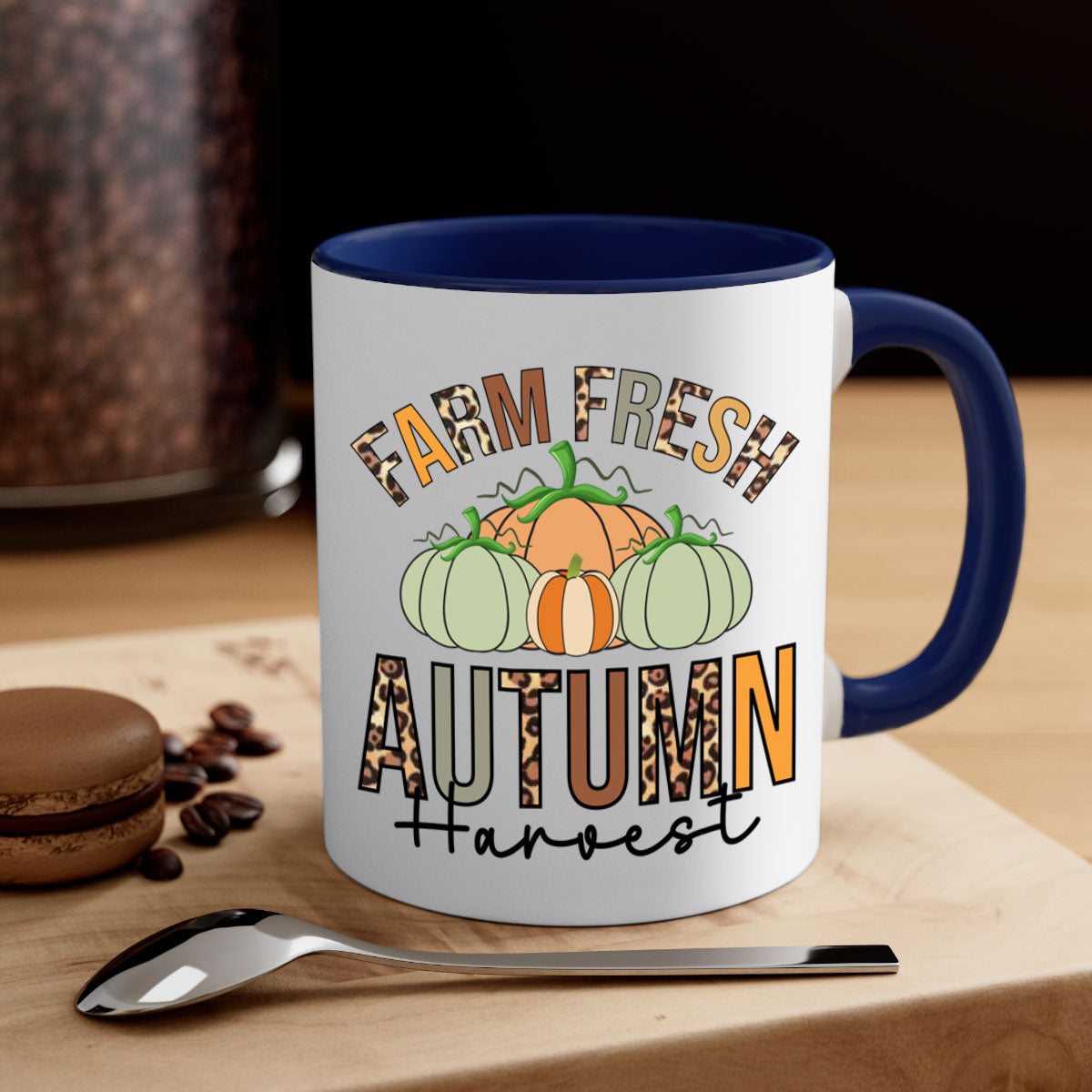 Farm Fresh Autumn Harvest Mug with two-tone design, featuring a colored handle and glossy finish, available in multiple colors.