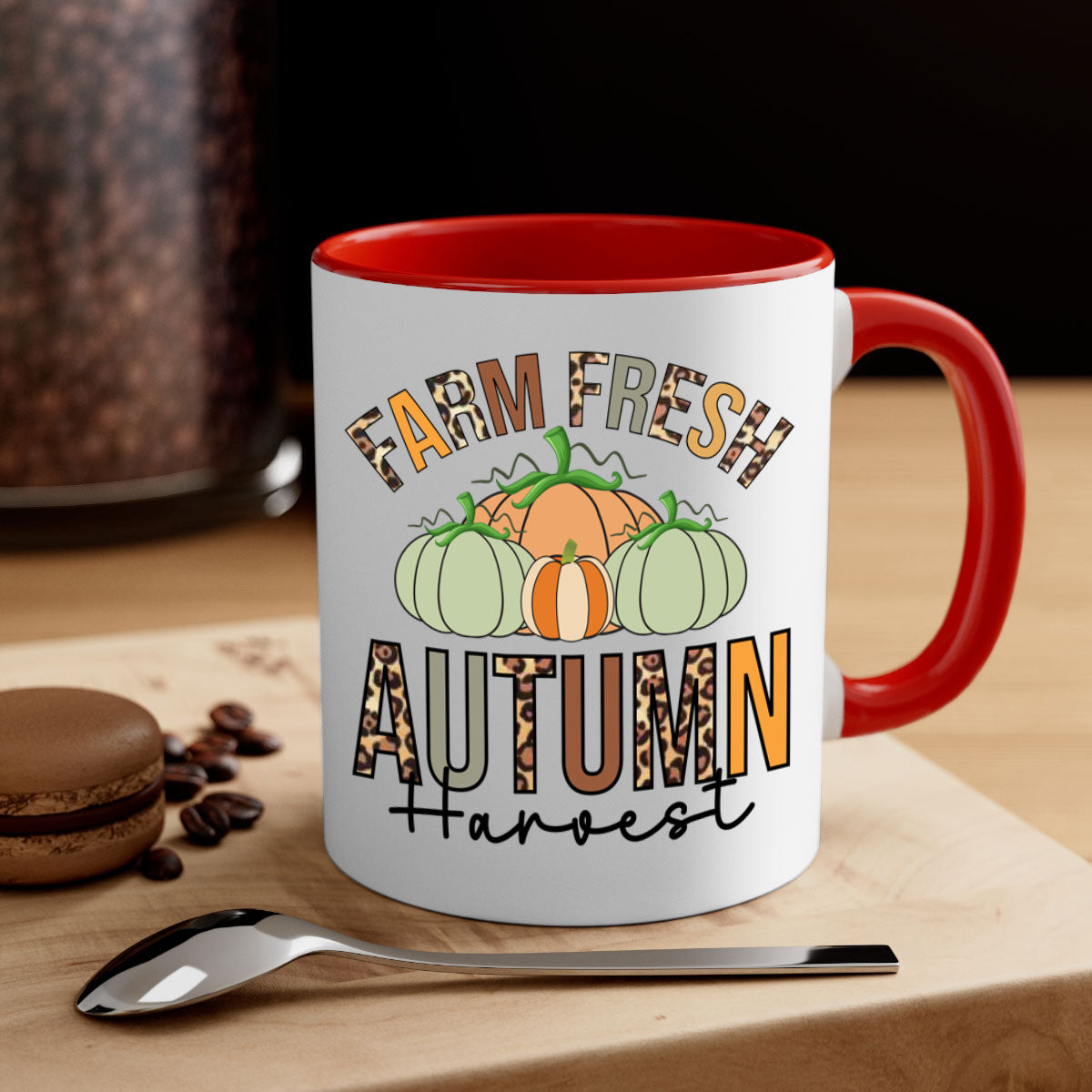 Farm Fresh Autumn Harvest Mug with two-tone design, featuring a colored handle and glossy finish, available in multiple colors.