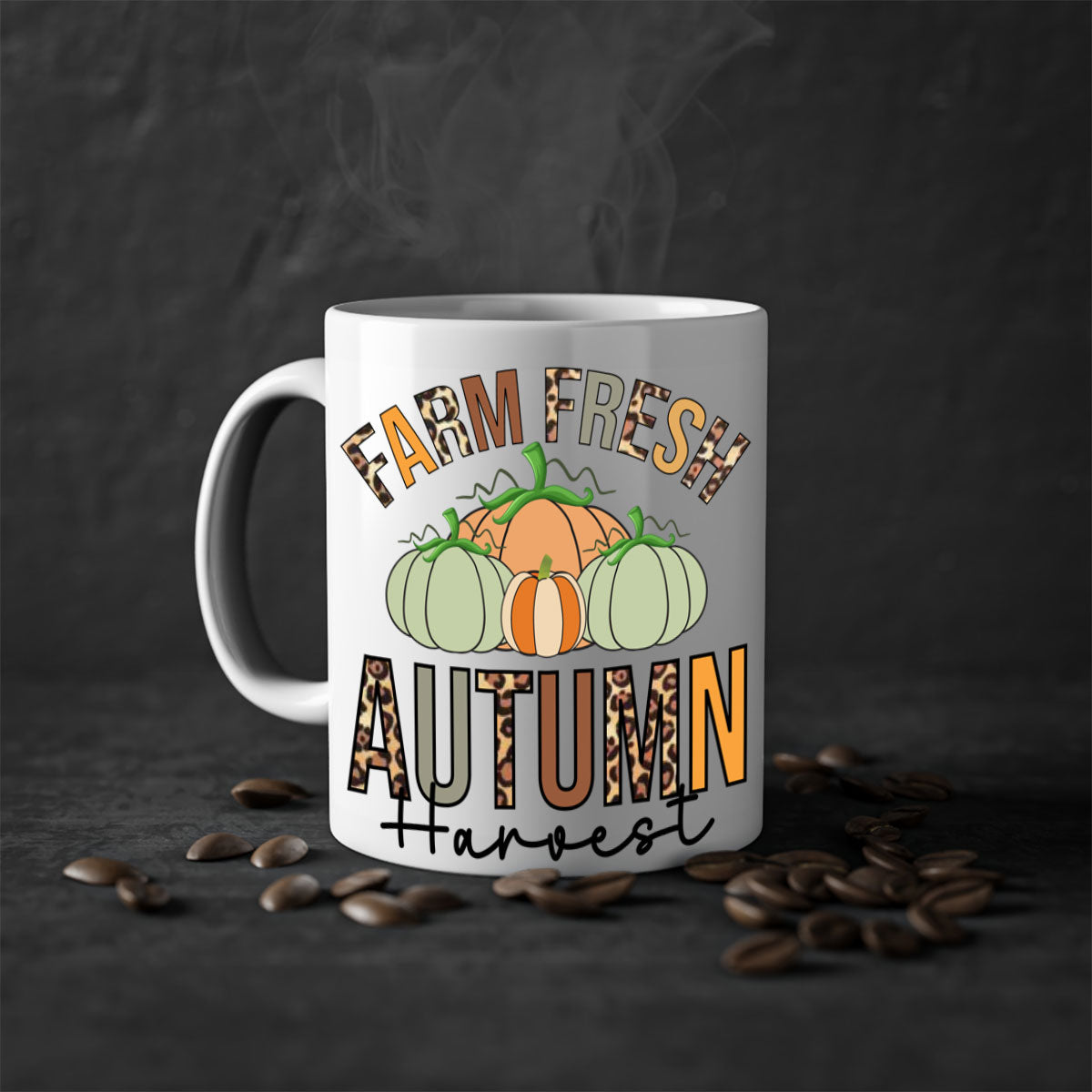 Farm Fresh Autumn Harvest Mug with two-tone design, featuring a colored handle and glossy finish, available in multiple colors.