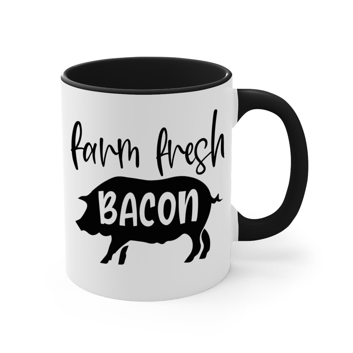 Farm fresh bacon 107# kitchen mug with a glossy finish and colored handle, available in multiple colors and sizes.