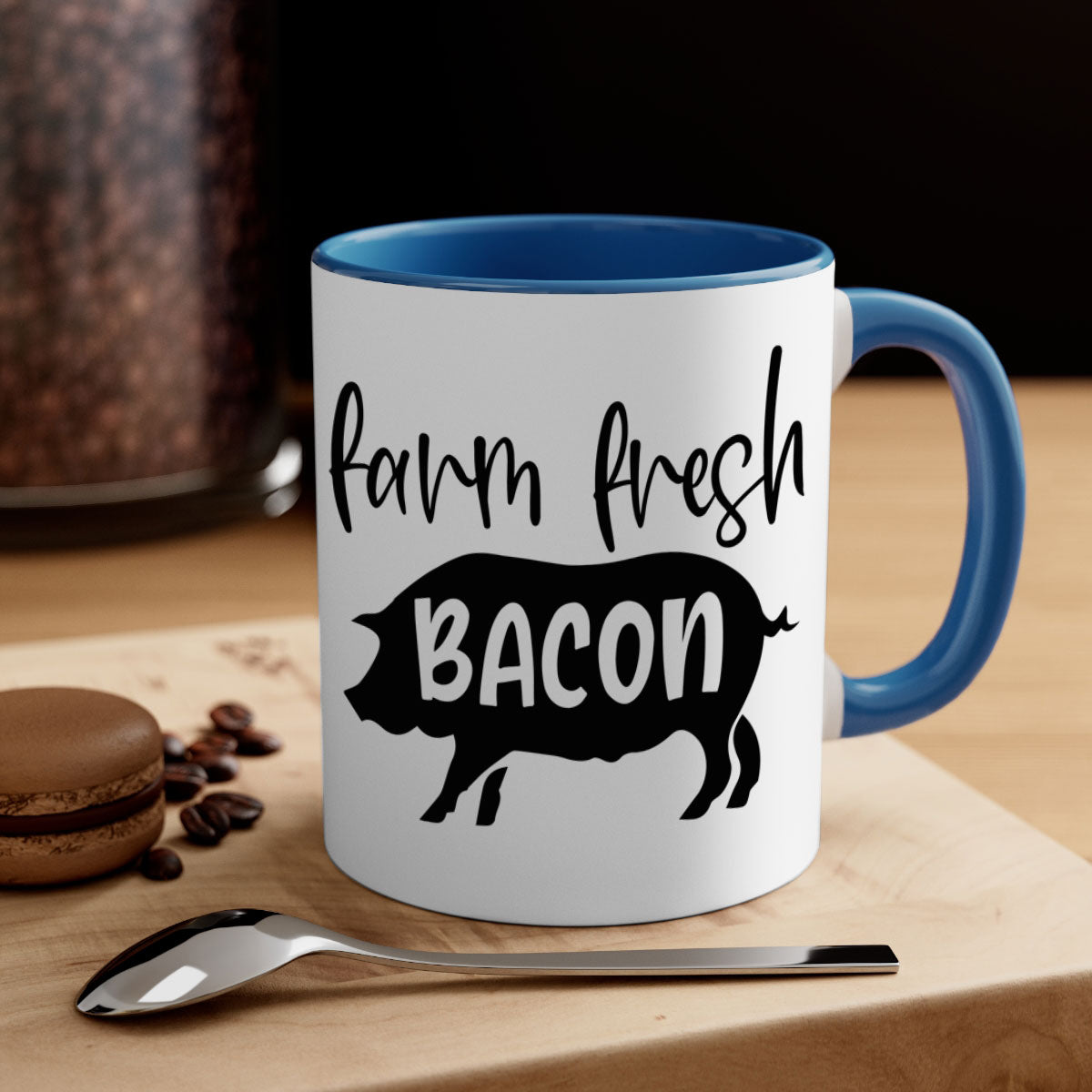 Farm fresh bacon 107# kitchen mug with a glossy finish and colored handle, available in multiple colors and sizes.