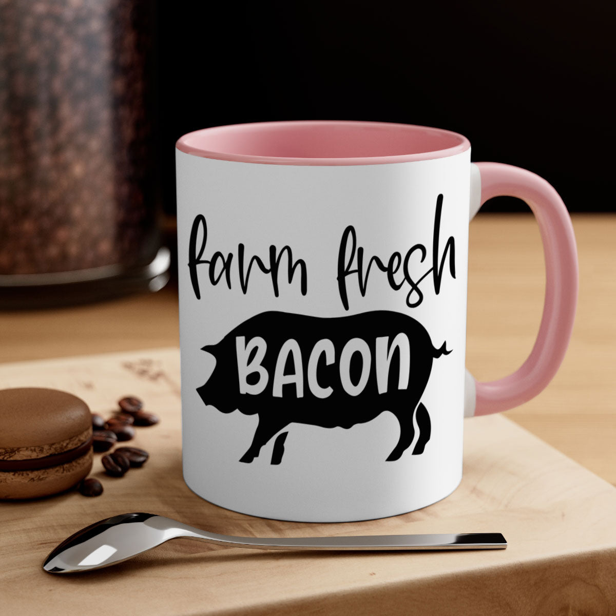 Farm fresh bacon 107# kitchen mug with a glossy finish and colored handle, available in multiple colors and sizes.