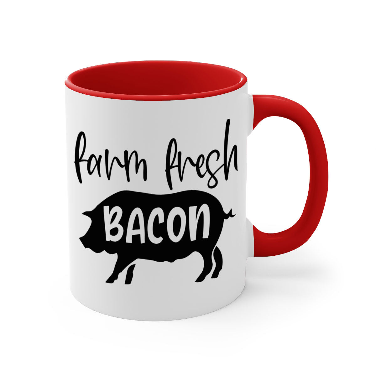 Farm fresh bacon 107# kitchen mug with a glossy finish and colored handle, available in multiple colors and sizes.