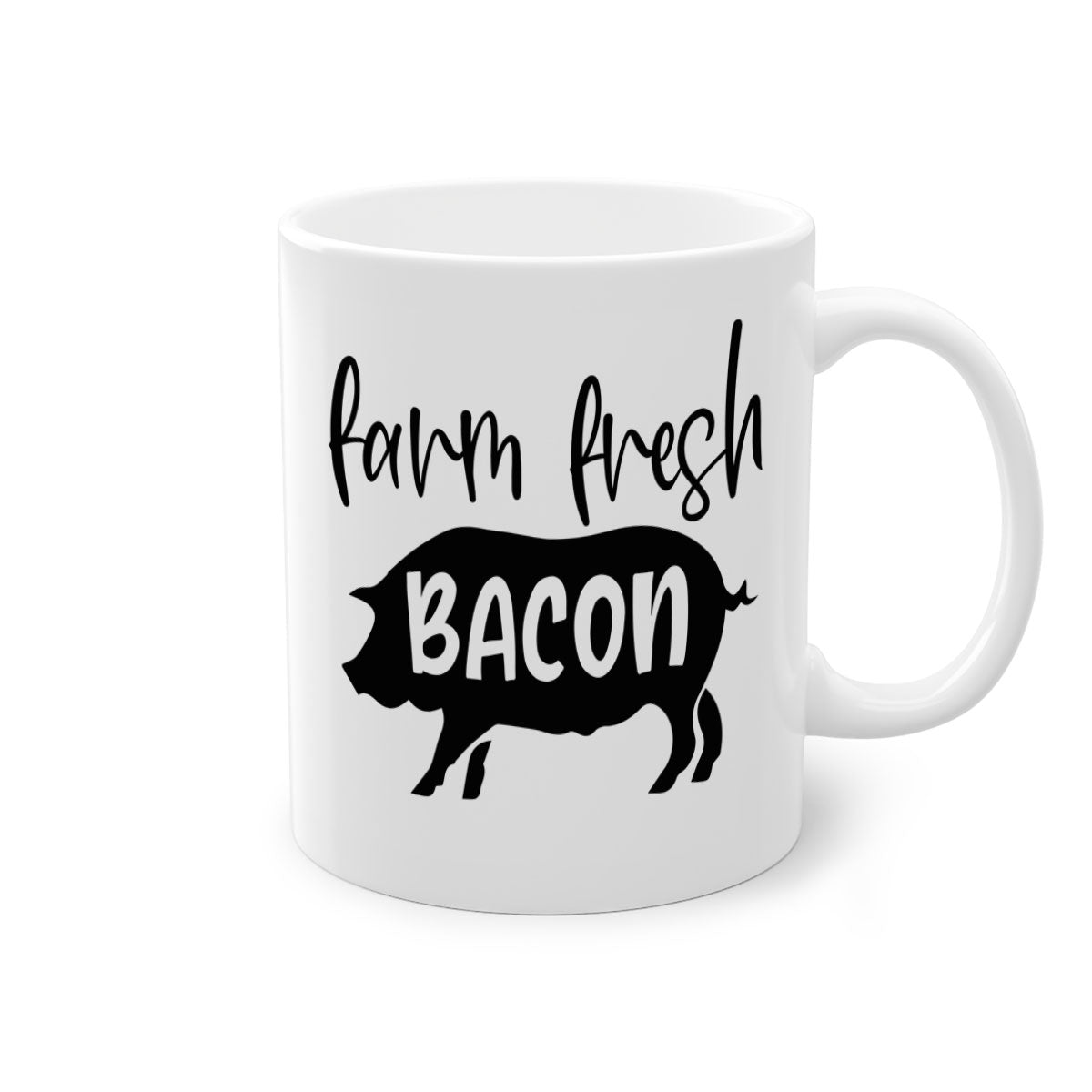 Farm fresh bacon 107# kitchen mug with a glossy finish and colored handle, available in multiple colors and sizes.