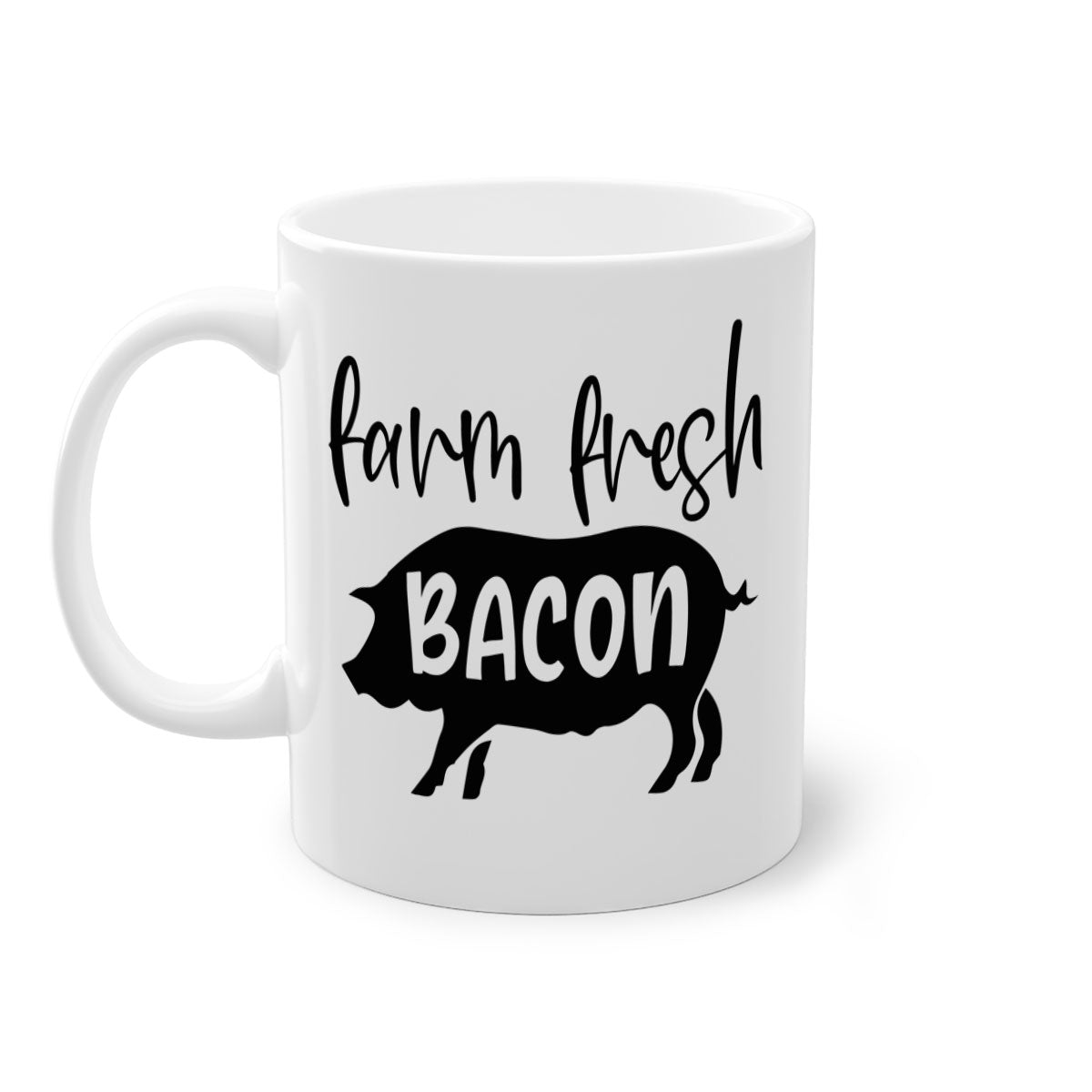 Farm fresh bacon 107# kitchen mug with a glossy finish and colored handle, available in multiple colors and sizes.