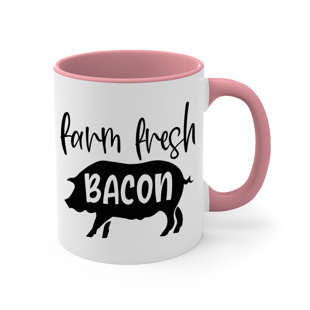 Farm fresh bacon 107# kitchen mug with a glossy finish and colored handle, available in multiple colors and sizes.