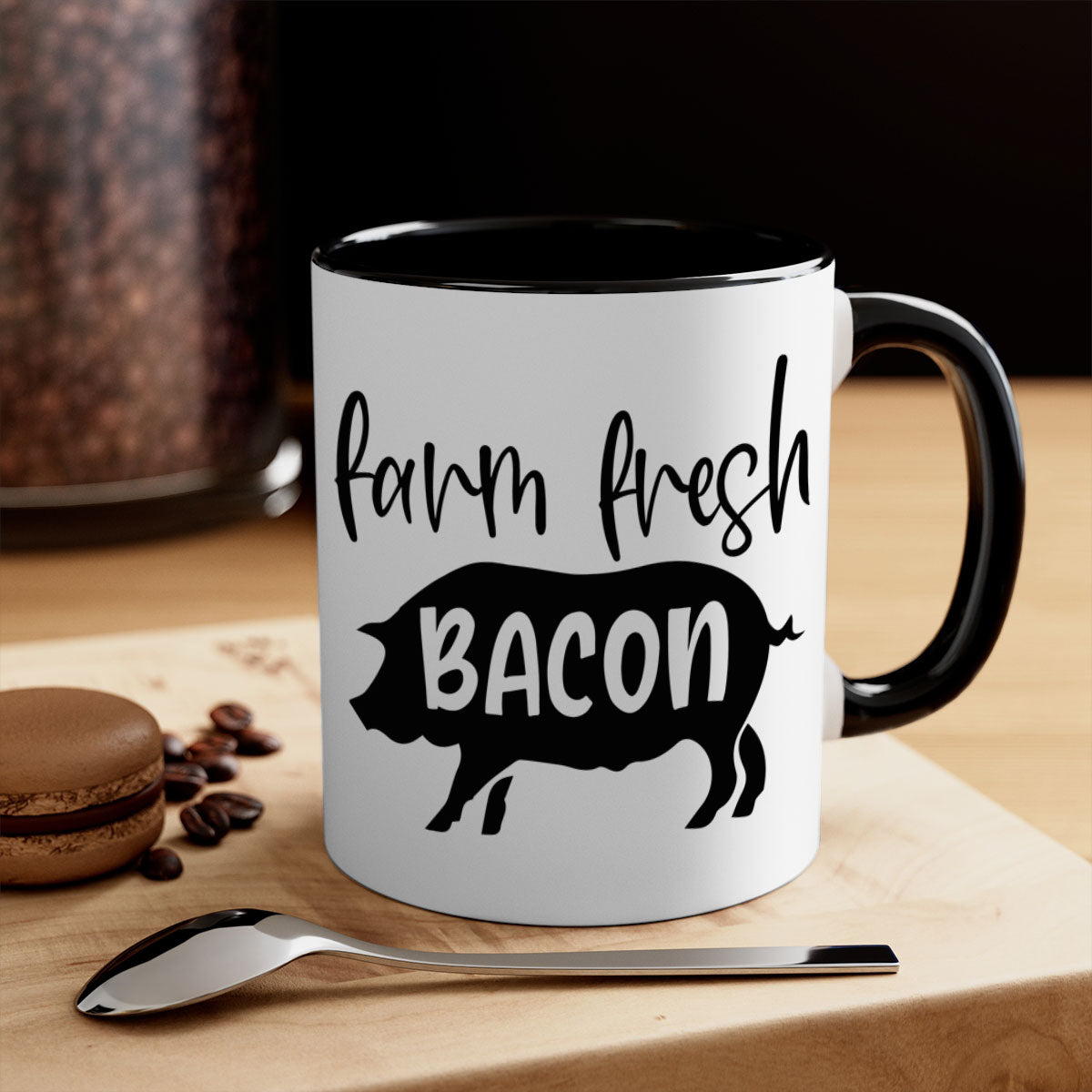 Farm fresh bacon 107# kitchen mug with a glossy finish and colored handle, available in multiple colors and sizes.