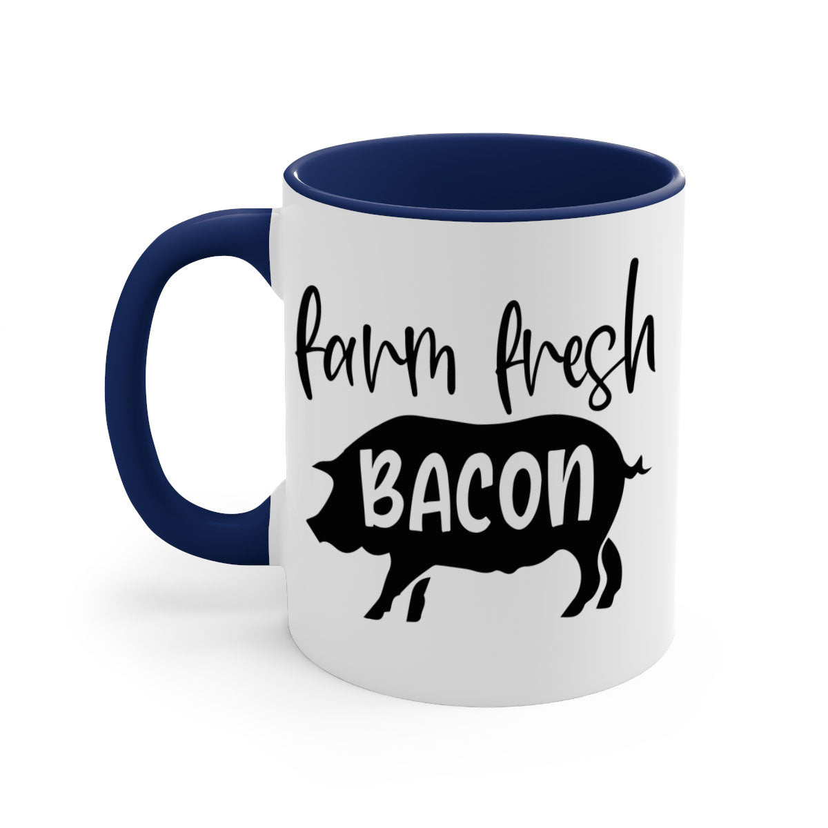 Farm fresh bacon 107# kitchen mug with a glossy finish and colored handle, available in multiple colors and sizes.