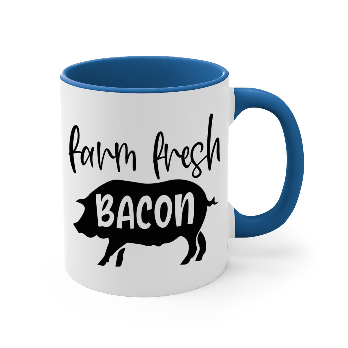 Farm fresh bacon 107# kitchen mug with a glossy finish and colored handle, available in multiple colors and sizes.