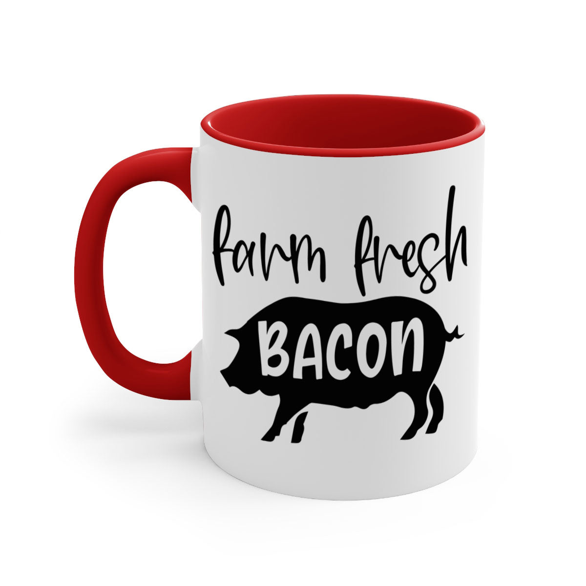 Farm fresh bacon 107# kitchen mug with a glossy finish and colored handle, available in multiple colors and sizes.