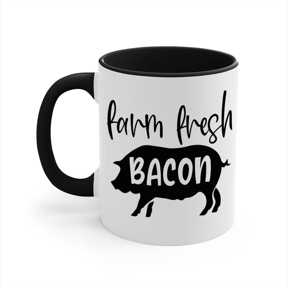 Farm fresh bacon 107# kitchen mug with a glossy finish and colored handle, available in multiple colors and sizes.