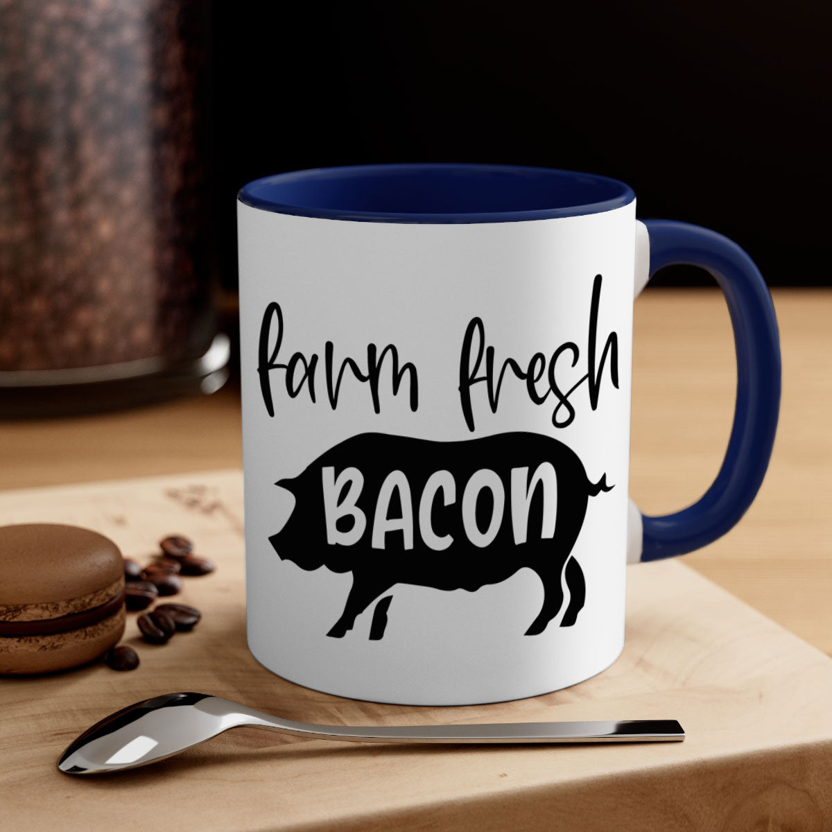 Farm fresh bacon 107# kitchen mug with a glossy finish and colored handle, available in multiple colors and sizes.