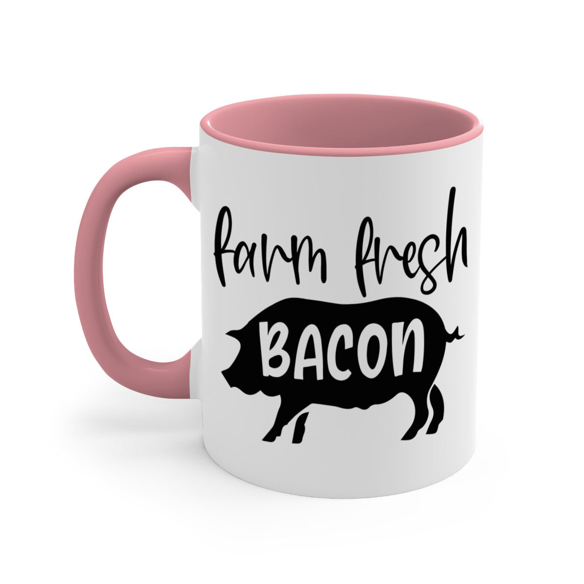 Farm fresh bacon 107# kitchen mug with a glossy finish and colored handle, available in multiple colors and sizes.
